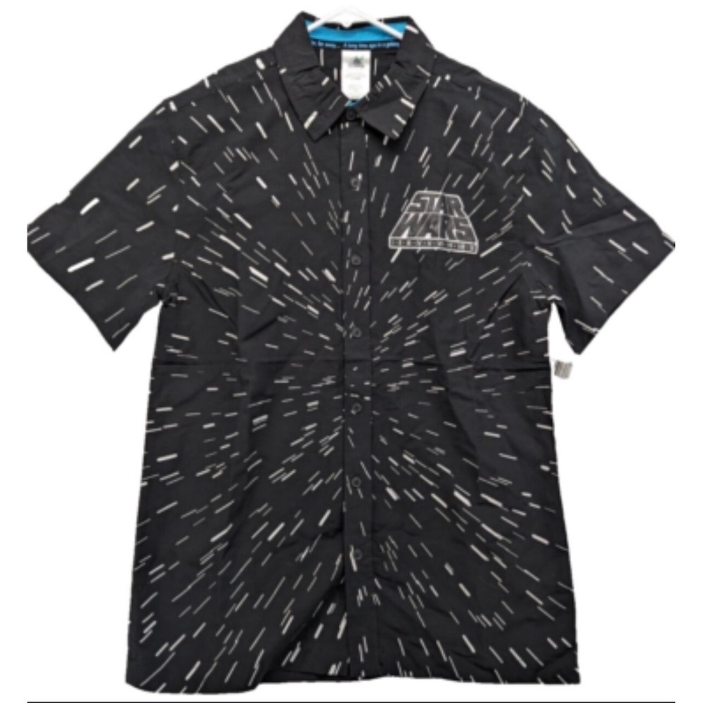 Star Wars Men's Short Sleeve Button Up Shirt Black Graphic Print Disney Med